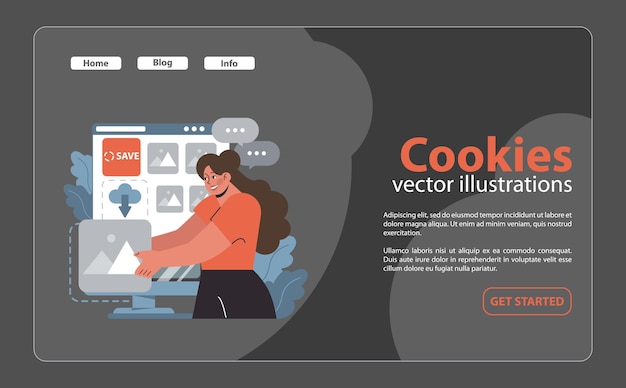 cookies concept smiling woman interacts with a webpage displaying save and cloud icons indicating