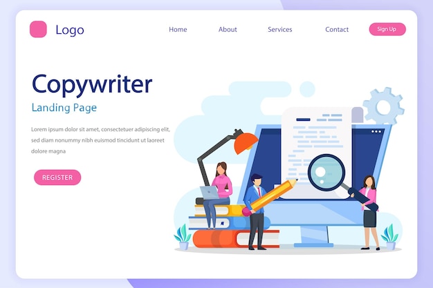 Copywriter web banner or landing page set Idea of writing texts Flat vector