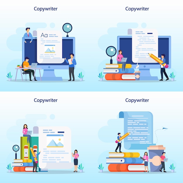 Copywriter web banner or landing page set Idea of writing texts Flat vector