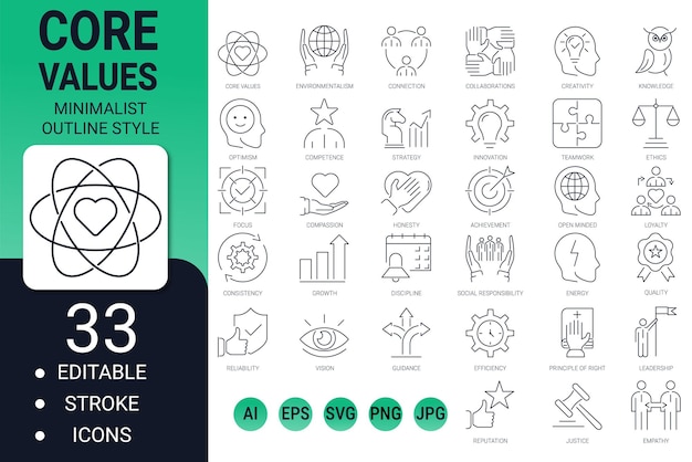 Core values icon set editable stroke vector symbols ethics teamwork leadership