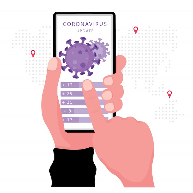 Corona virus or  news update feature hand holding smartphone with virus vector on the screen