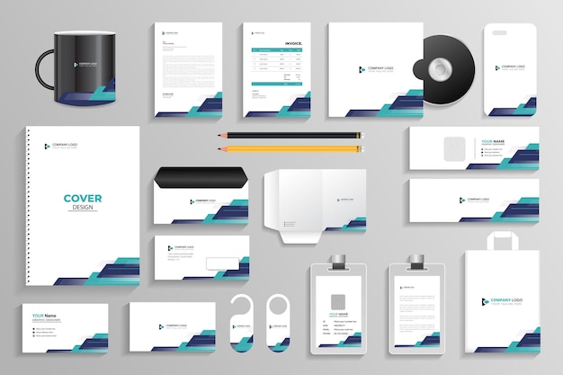 corporate branding identity with office stationery items and objects mockup set, templat for industr