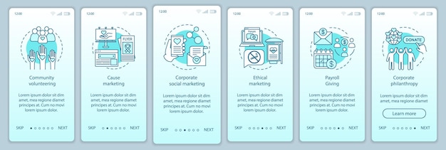 Corporate policy onboarding mobile app page screen vector template. CSR walkthrough website steps. Volunteering, cause marketing, payroll, philantropy. UX, UI, GUI smartphone interface concept