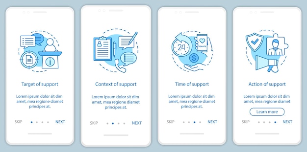 Corporate social responsibility onboarding mobile app page screen vector template. Business ethics walkthrough website steps. Target, context, time, action of support. UX, UI, GUI smartphone interface