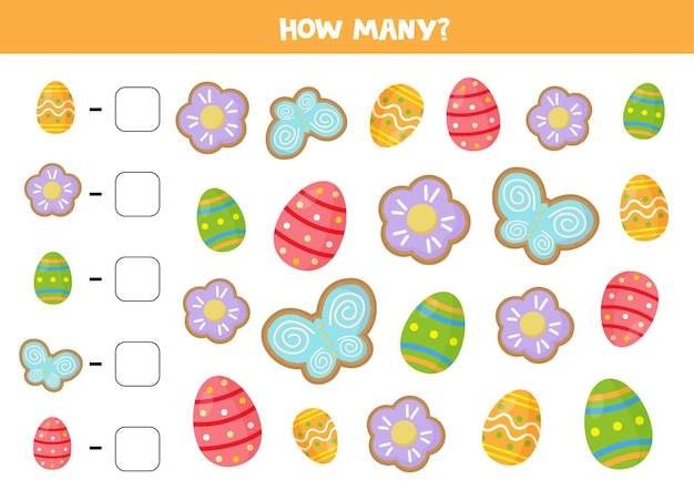 count all easter cookies and easter eggs and write the correct answers. math game for kids.