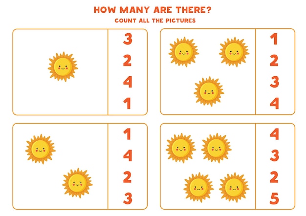 count all pictures of sun star and write the correct number into box. counting game for kids.