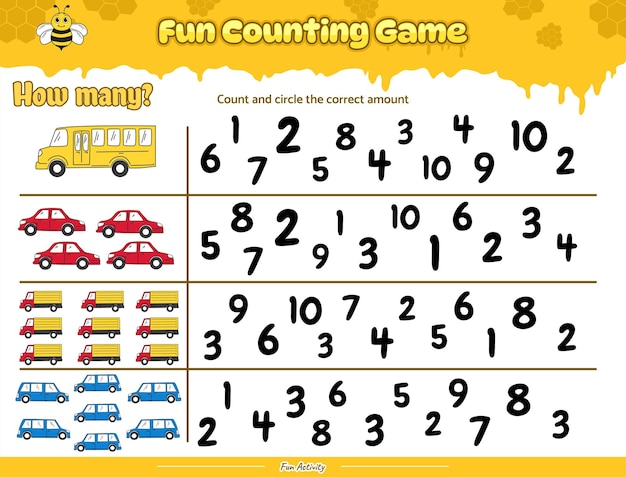 Count and circle the correct number Beehive theme with transportation cliparts