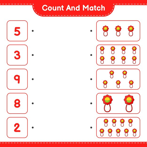 count and match, count the number of baby rattle and match with the right numbers. educational children game, printable worksheet, vector illustration