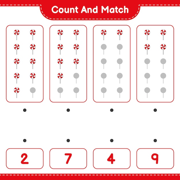 Count and match, count the number of Candy and match with the right numbers. Educational children game, printable worksheet, vector illustration