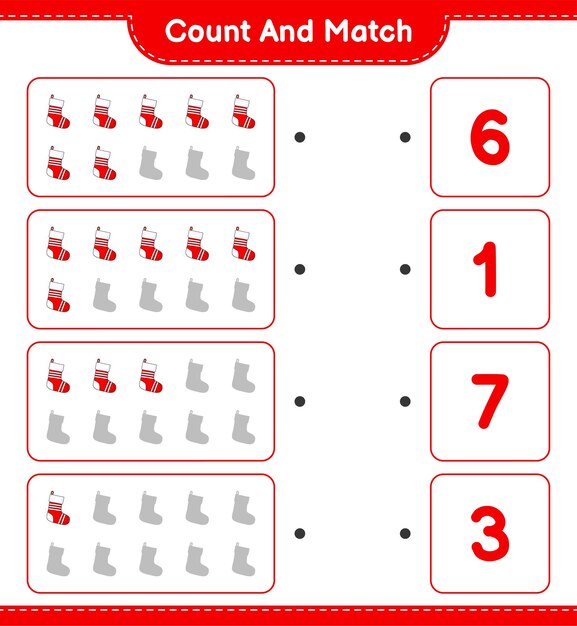 Count and match, count the number of Christmas Sock and match with the right numbers. Educational children game, printable worksheet, vector illustration