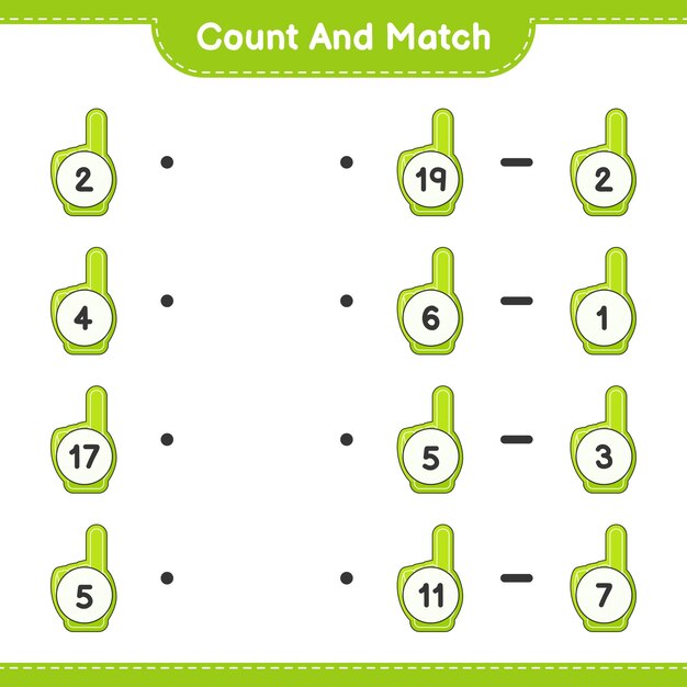 count and match count the number of foam finger and match with the right numbers educational children game printable worksheet vector illustration