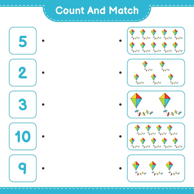 Count and match, count the number of Kite and match with the right numbers. Educational children game, printable worksheet, vector illustration