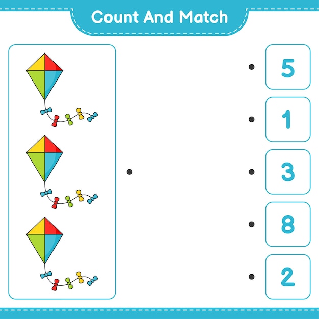 Count and match, count the number of Kite and match with the right numbers. Educational children game, printable worksheet, vector illustration