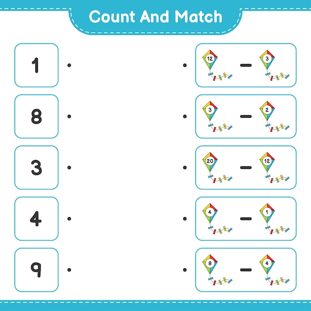 Count and match, count the number of Kite and match with the right numbers. Educational children game, printable worksheet, vector illustration