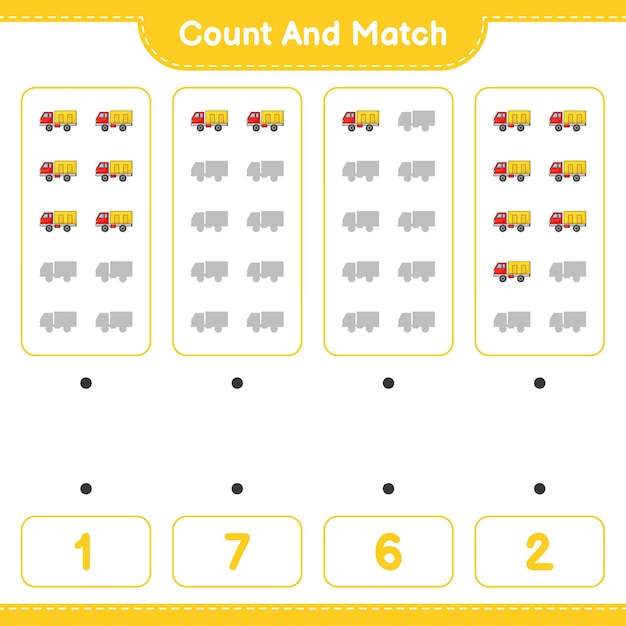 Count and match, count the number of Lorry and match with the right numbers. Educational children game, printable worksheet 