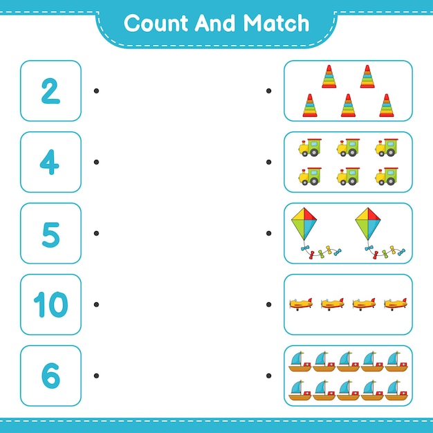 Count and match count the number of Pyramid Toy Train Kite Plane Boat