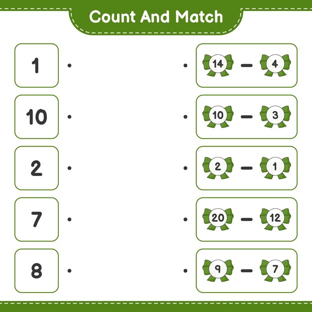 Count and match count the number of Ribbon and match with the right numbers Educational children game printable worksheet vector illustration