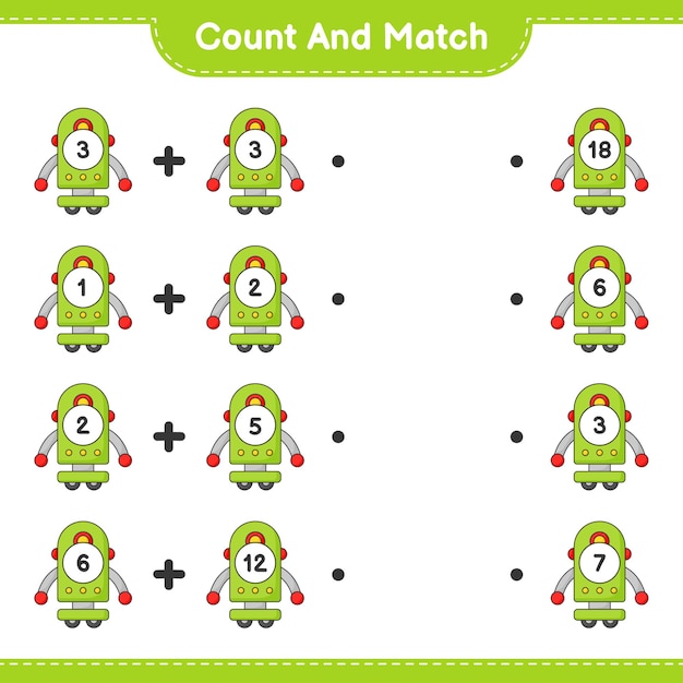 Count and match, count the number of Robot Character and match with the right numbers. Educational children game, printable worksheet