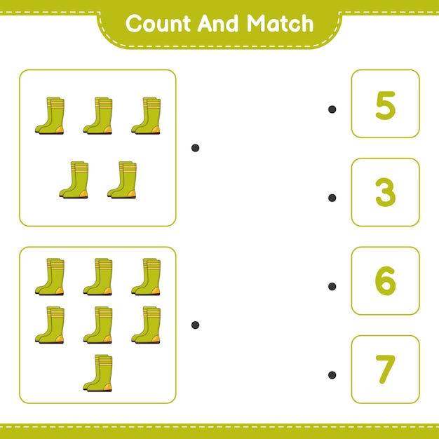 Count and match, count the number of Rubber Boots and match with the right numbers. Educational children game, printable worksheet, vector illustration