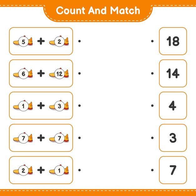 count and match count the number of running shoes and match with the right numbers educational children game printable worksheet vector illustration