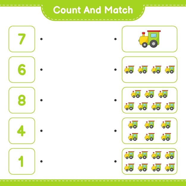 Count and match, count the number of Train and match with the right numbers. Educational children game, printable worksheet, vector illustration