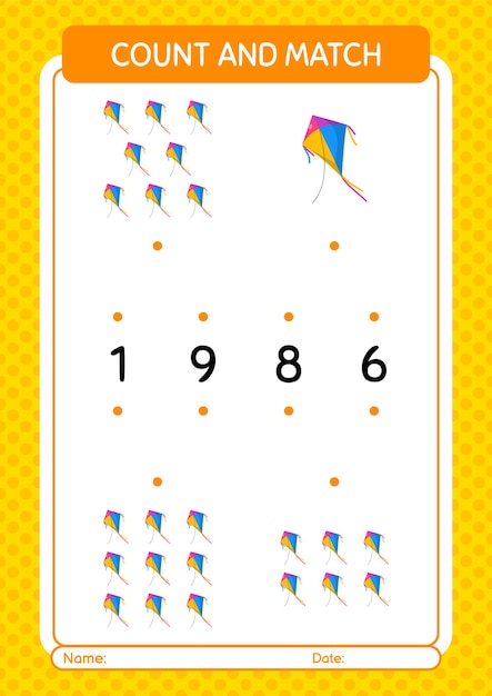 Count and match game with kite worksheet for preschool kids kids activity sheet