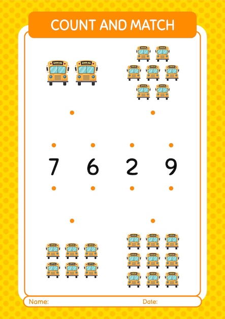Count and match game with school bus worksheet for preschool kids kids activity sheet