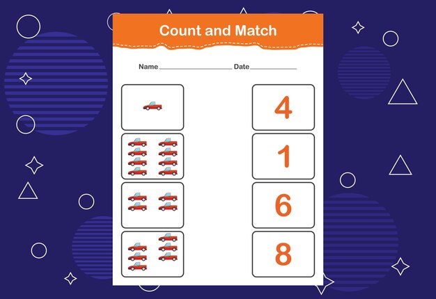 Count and Match worksheet for kids Count and match with the correct number Matching education game