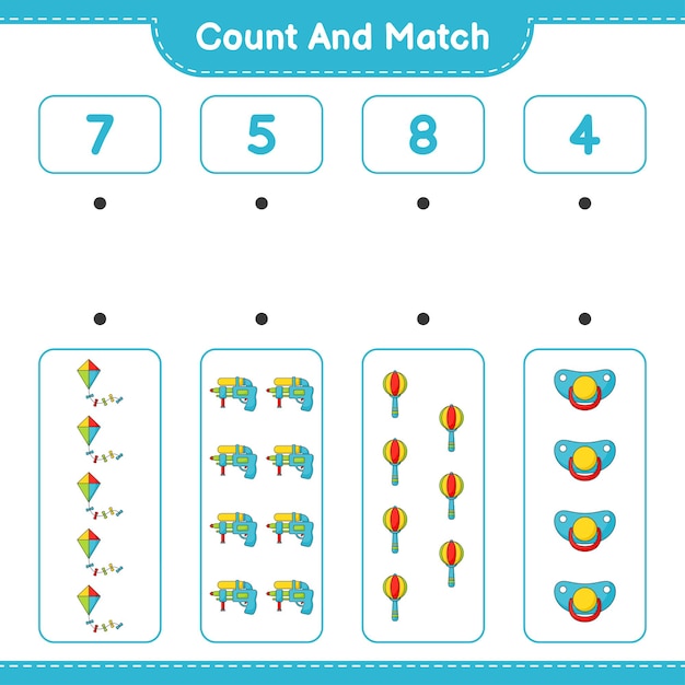 Count the number of Kite Water Gun Baby Rattle Pacifier and match with the right numbers