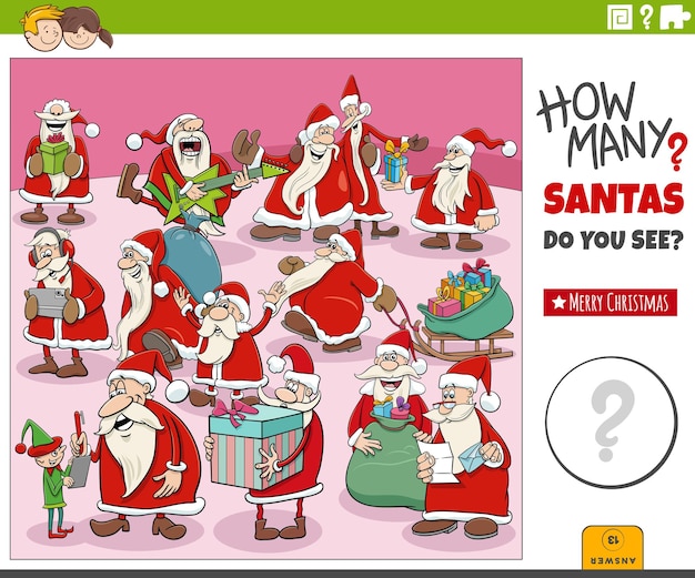 Counting cartoon Santa Claus characters educational task