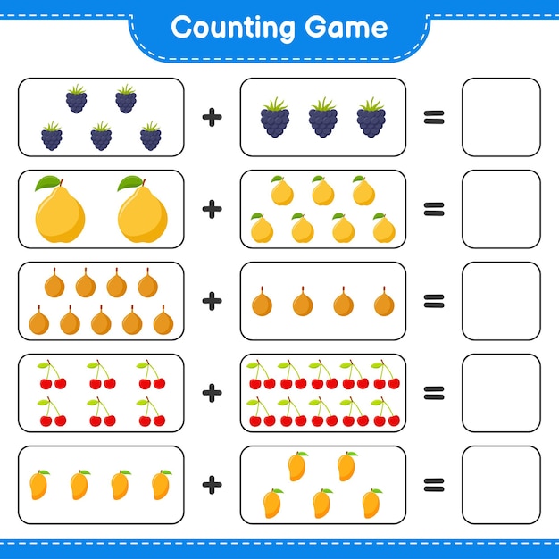 Counting game, count the number of Fruits and write the result. Educational children game, printable worksheet,  illustration