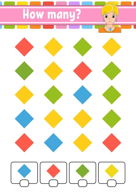 Counting game for children Happy characters Learning mathematics How many object in the picture