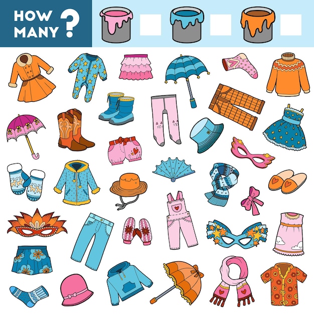 counting game for preschool children count how many clothes by colors and write the result