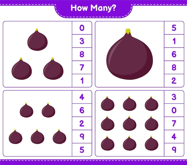 Counting game, how many Fig. Educational children game, printable worksheet