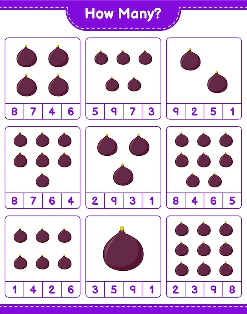 Counting game, how many Fig. Educational children game, printable worksheet