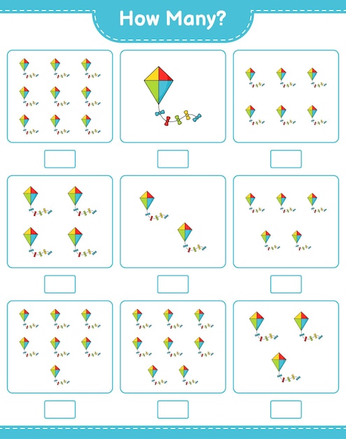 Counting game how many Kite Educational children game printable worksheet vector illustration