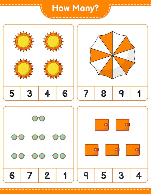 Counting game, how many Sun, Beach Umbrella, Wallet, and Sunglasses. Educational children game, printable worksheet 