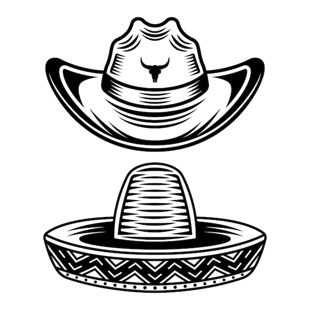 cowboy hat and sombrero vector objects or design elements in vintage monochrome style isolated on white background set of western headdress