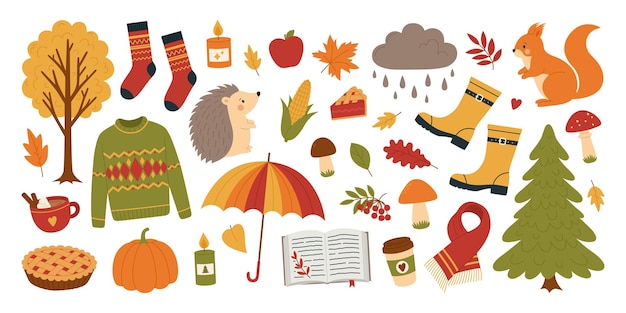 Cozy autumn elements set Fall season Vector illustration isolated on white
