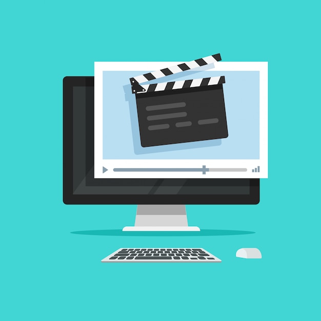 Creating movie or online cinema production on computer concept vector illustration flat cartoon style
