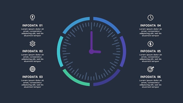 creative dark infographic with 6 elements template for web on a black background business presentation