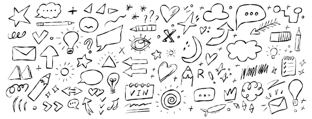 Creative doodles with various shapes symbols and icons on a white background showcasing artistic
