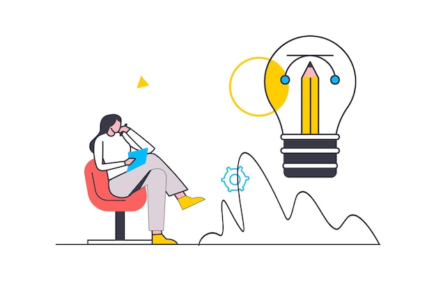 creative process flat line concept woman thinking and generates new ideas creates artworks