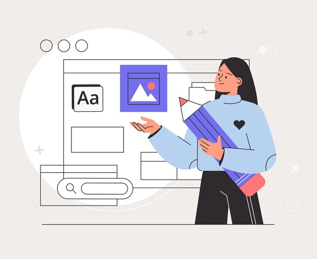 Creative process of making vector illustration for web ui design Design and Development illustrations Woman illustrator working in software drawing abstract shapes Flat vector illustration