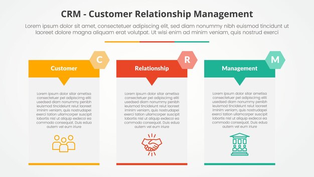 CRM customer relationship management infographic concept for slide presentation with big table arrow header badge with 3 point list with flat style