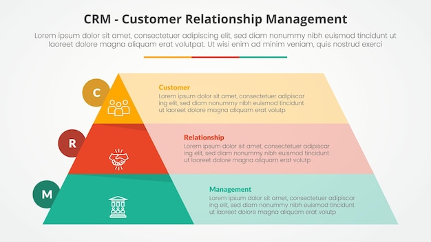CRM customer relationship management infographic concept for slide presentation with pyramid and rectangle box container with 3 point list with flat style