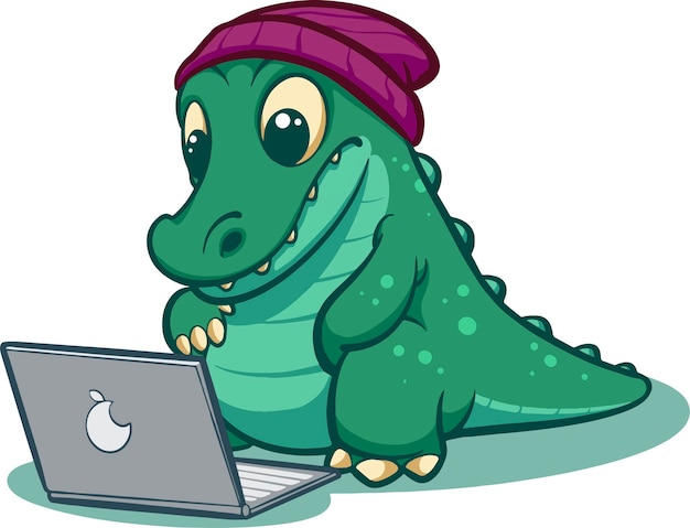 Crocodile wearing hat sitting in front of laptop