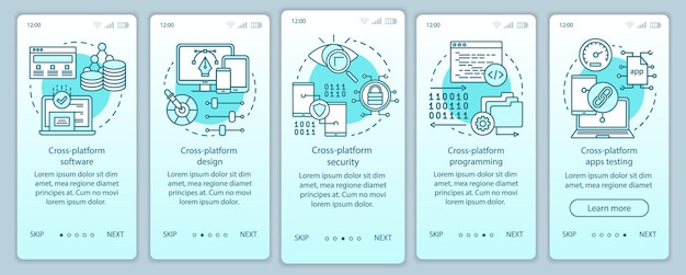 Cross platform software onboarding mobile app page screen vector template. Application design, testing. Walkthrough website steps with linear illustrations. UX, UI, GUI smartphone interface concept