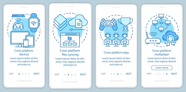 Cross platform synchronization onboarding mobile app page screen vector template. Online device syncing. Walkthrough website steps with linear illustrations. UX, UI, GUI smartphone interface concept