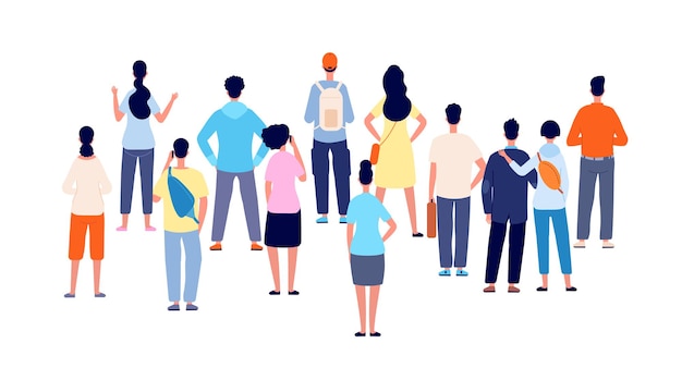 Crowd back view. Cartoon persons, people group standing backs. Flat public young man woman meeting, office business audience vector concept. Illustration crowd people woman and man watching ahead